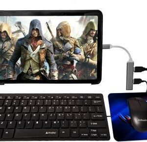 Henture Tablet Keyboard and Mouse Combo with USB Hub, C-Type OTG Cable, and Mouse Pad Combo Set??(Black)